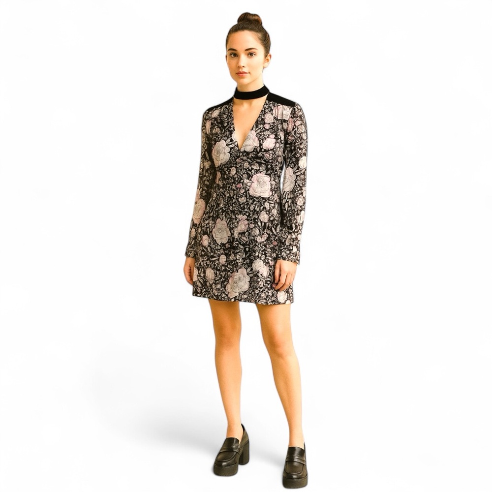 Jill Stuart Camilla Floral Print Mini Dress Velvet Trim and Cut Out Mock Neck  2